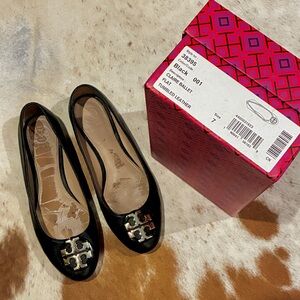 Tory Burch Claire Ballet Flats Black Leather Gold Logo Size 7